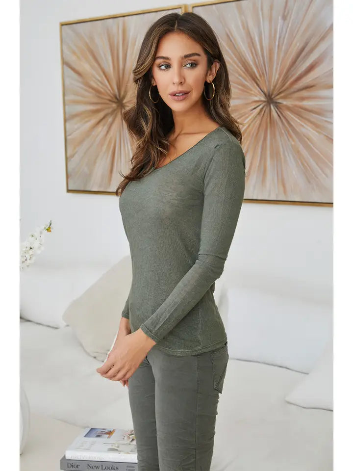 Lightweight Mineral Wash Long-Sleeve V-Neck Top Army Green