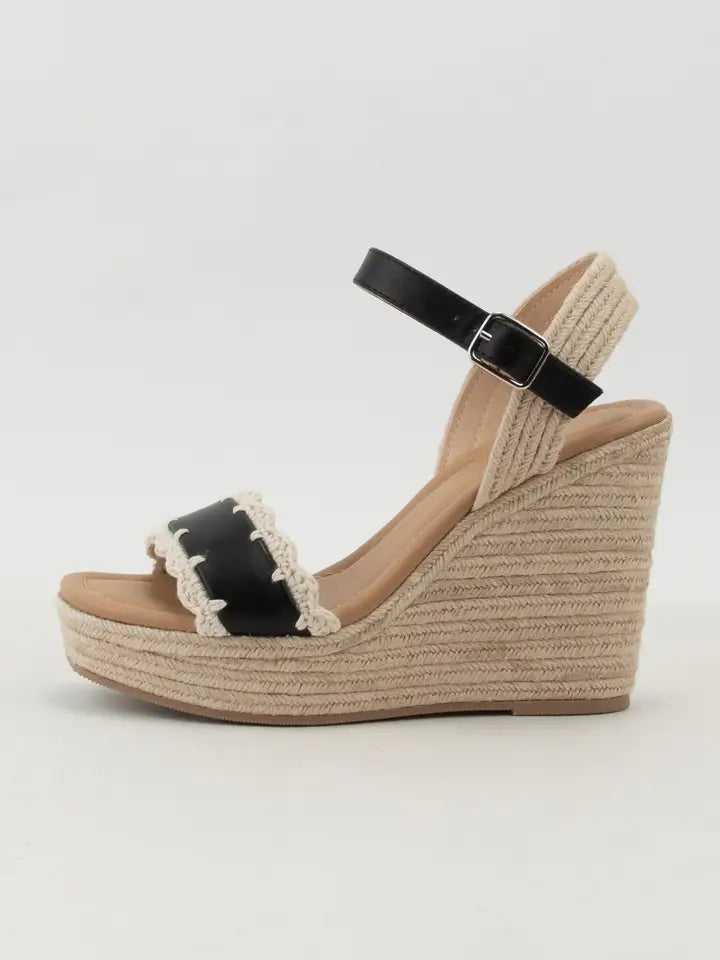 Black Wedge Heeled Sandals With Crochet Detail