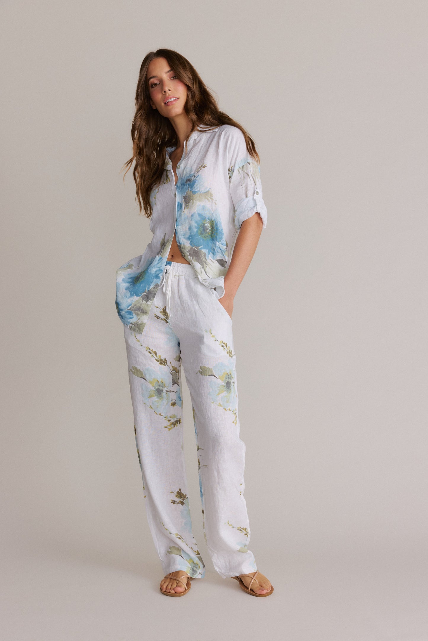 Blue Watercolor Floral linen Pant