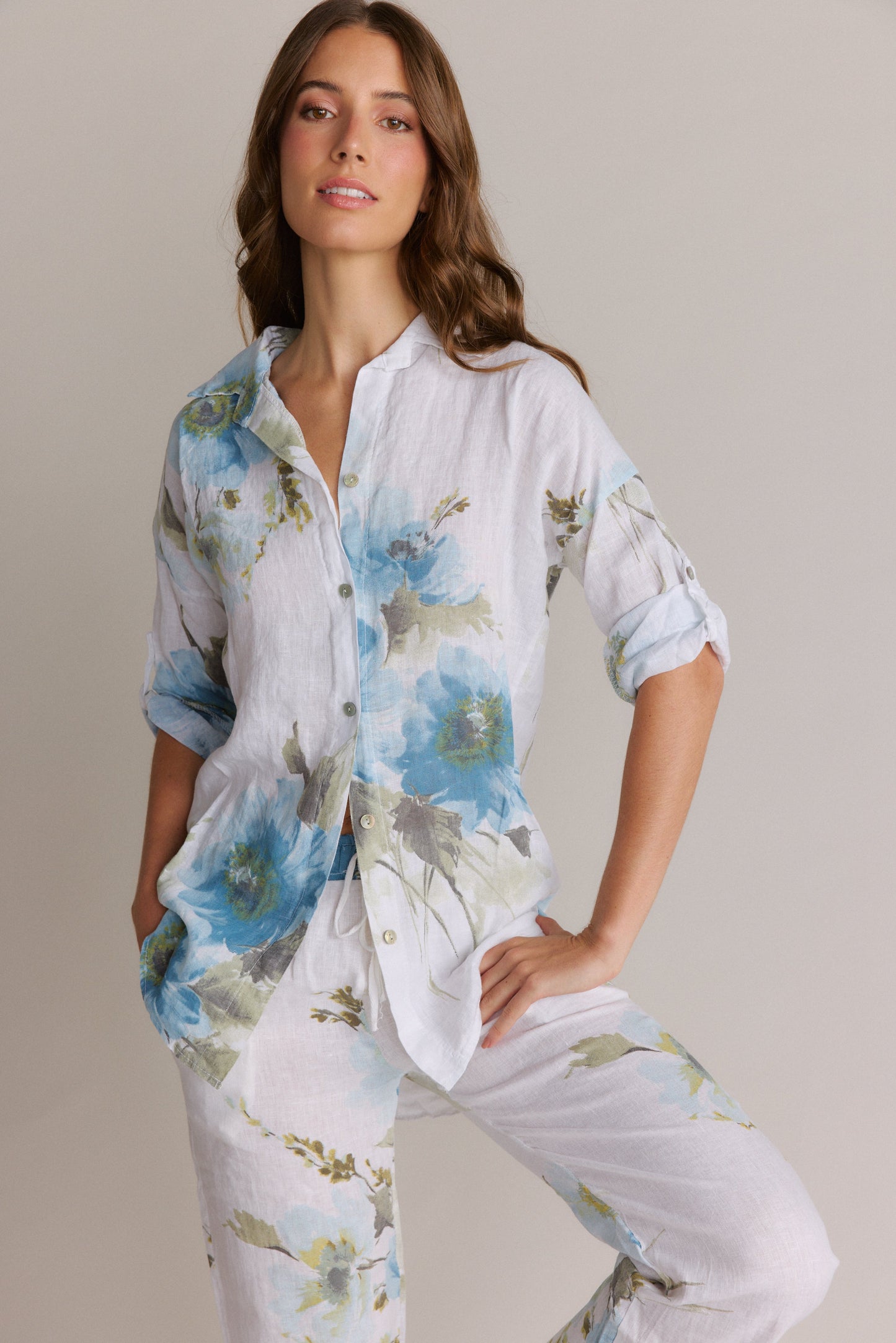 Blue Watercolor Floral Linen Roll tab Button Down Top