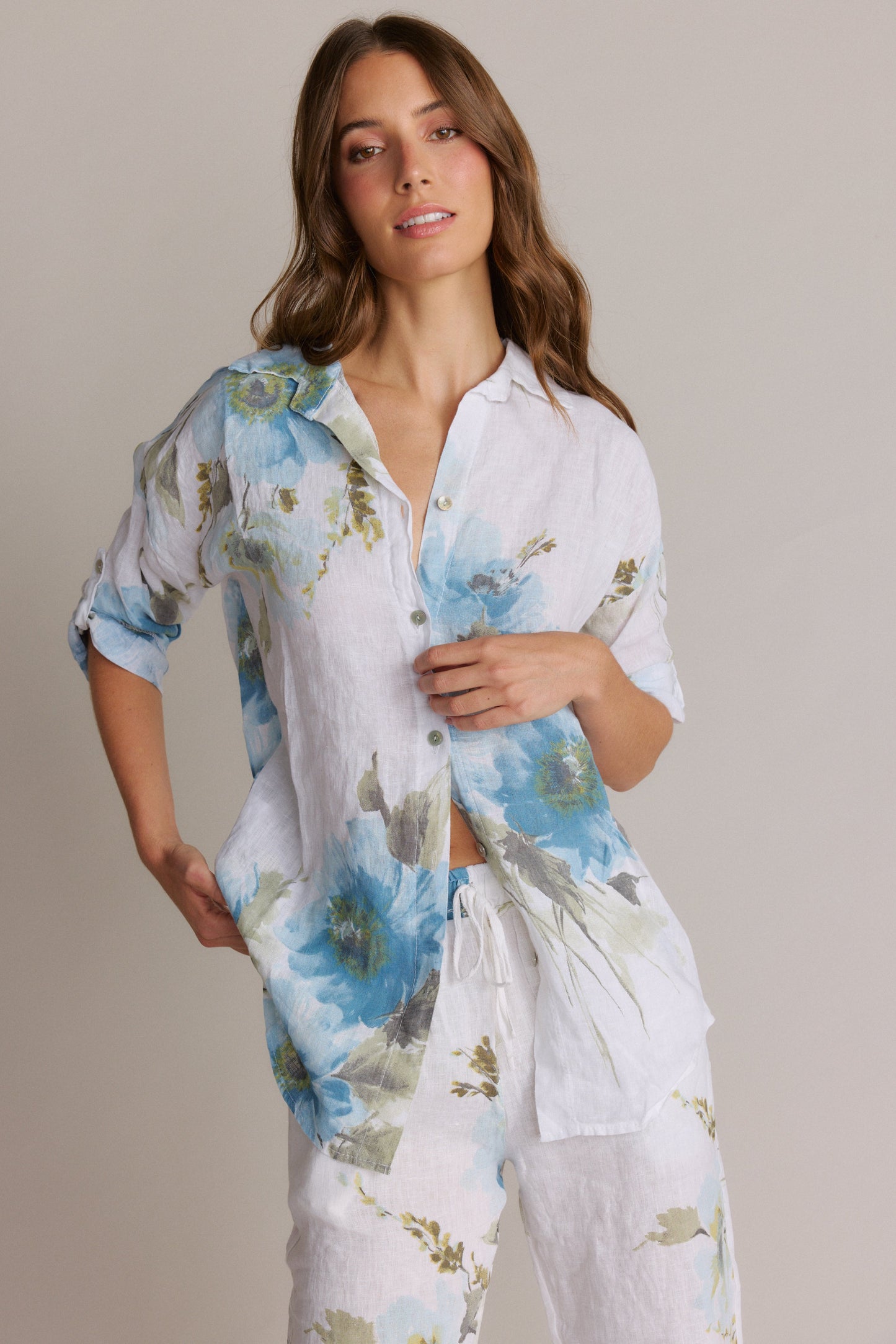 Blue Watercolor Floral Linen Roll tab Button Down Top