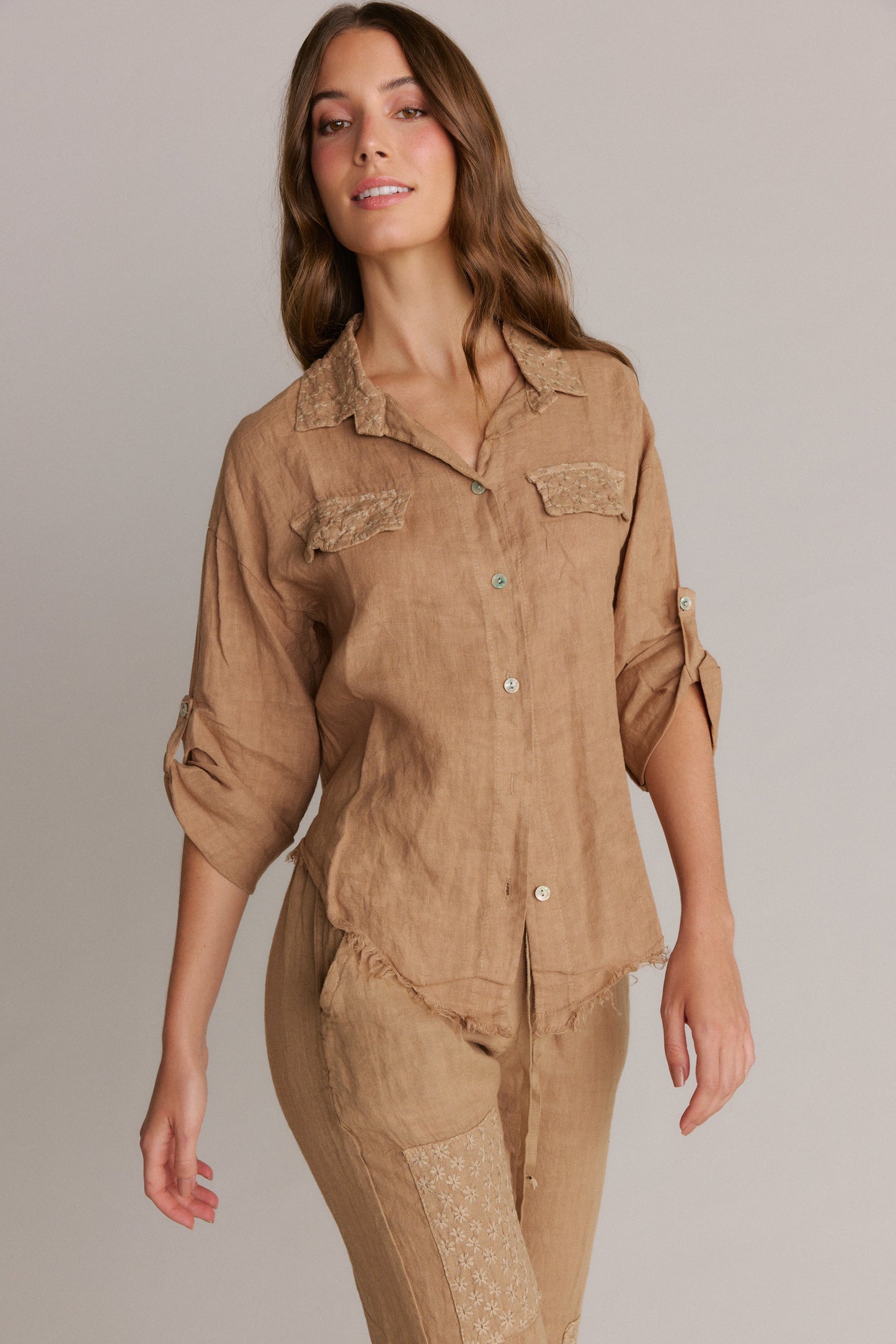 Italian Linen Button-Down Shirt With Embroider Detail