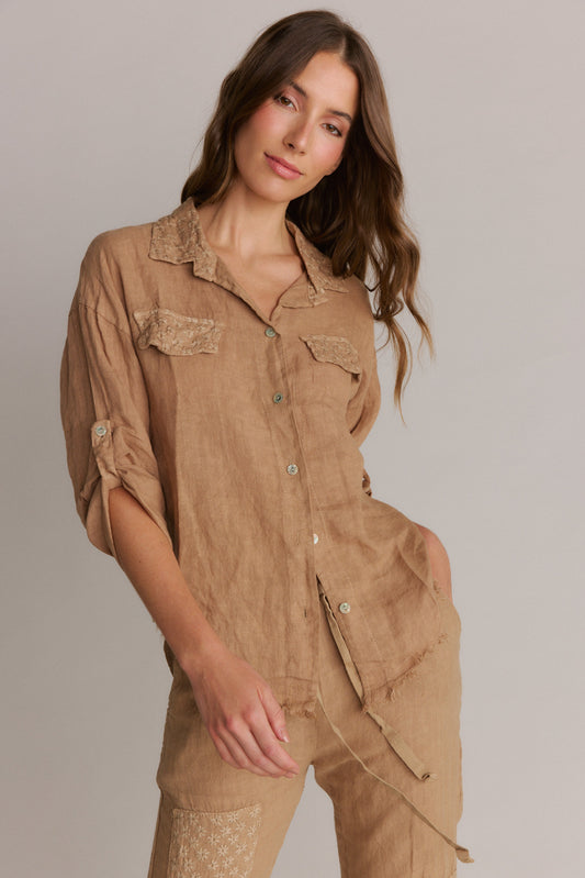 Italian Linen Button-Down Shirt With Embroider Detail