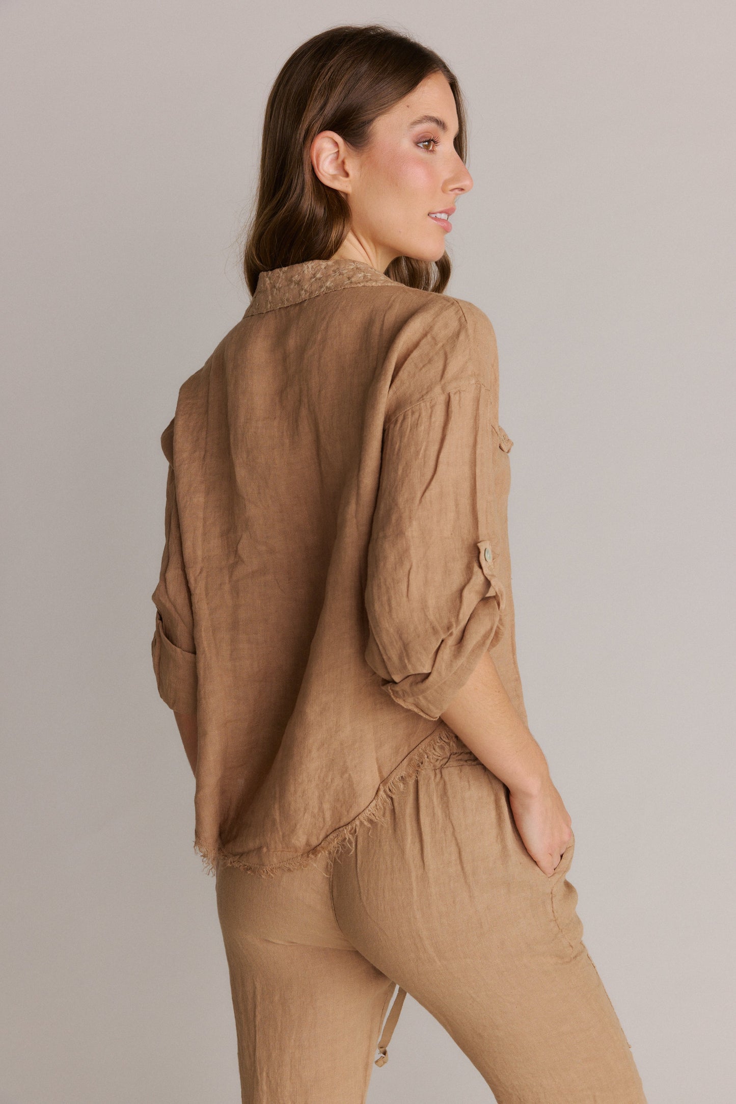 Italian Linen Button-Down Shirt With Embroider Detail