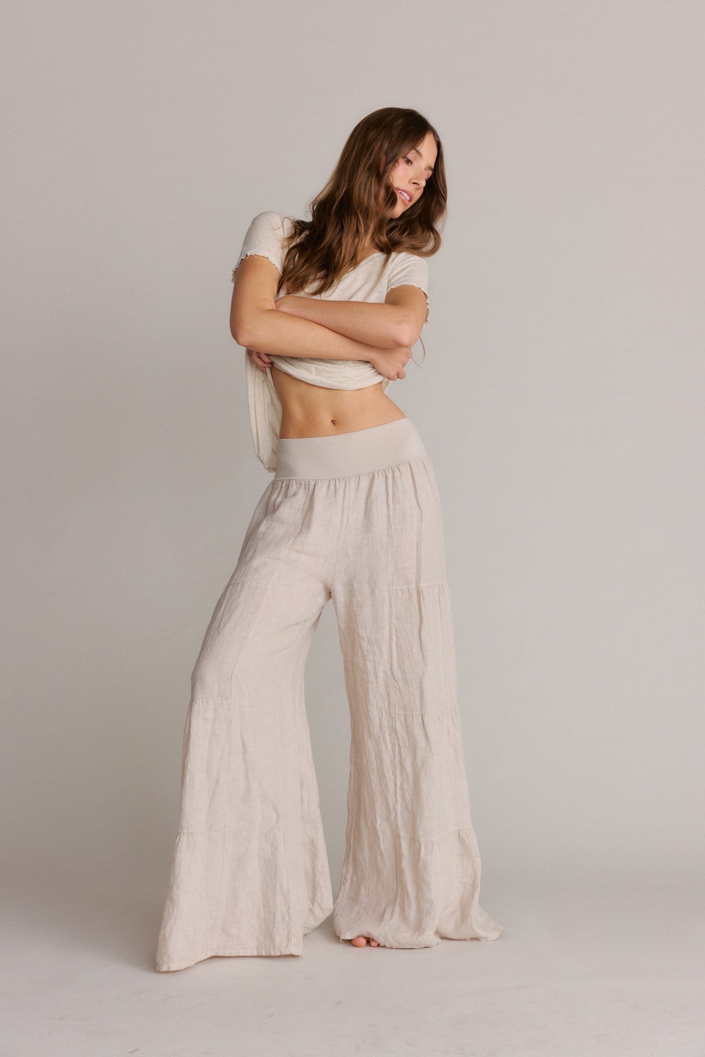 Linen Tiered Palazzo Pants Beige