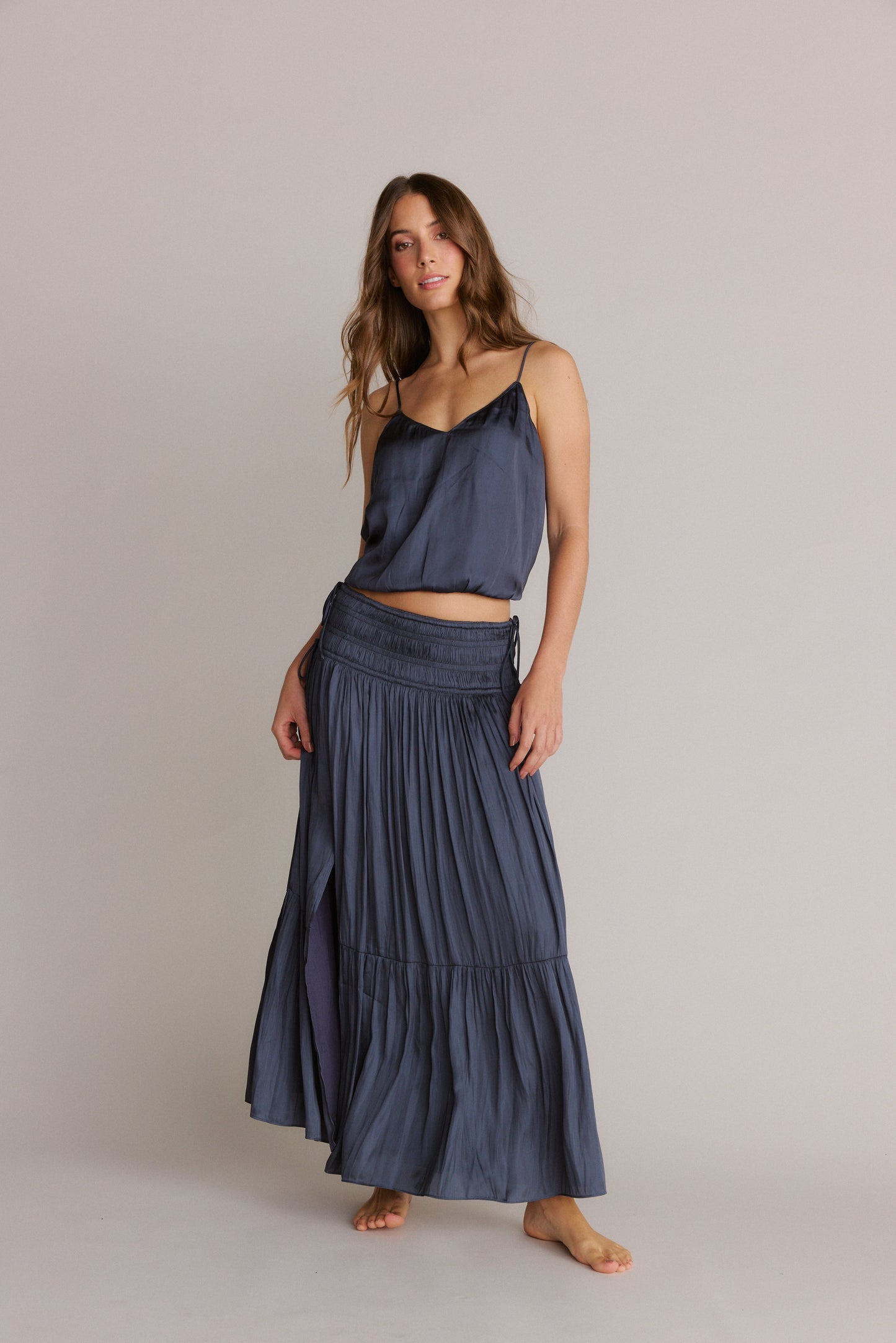 Smocked Waist Silky Maxi Skirt Navy Blue