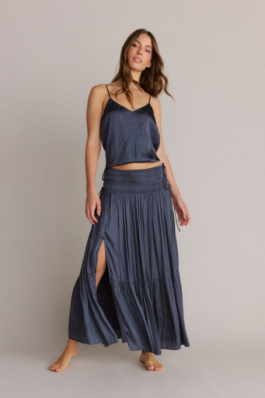 Smocked Waist Silky Maxi Skirt Navy Blue