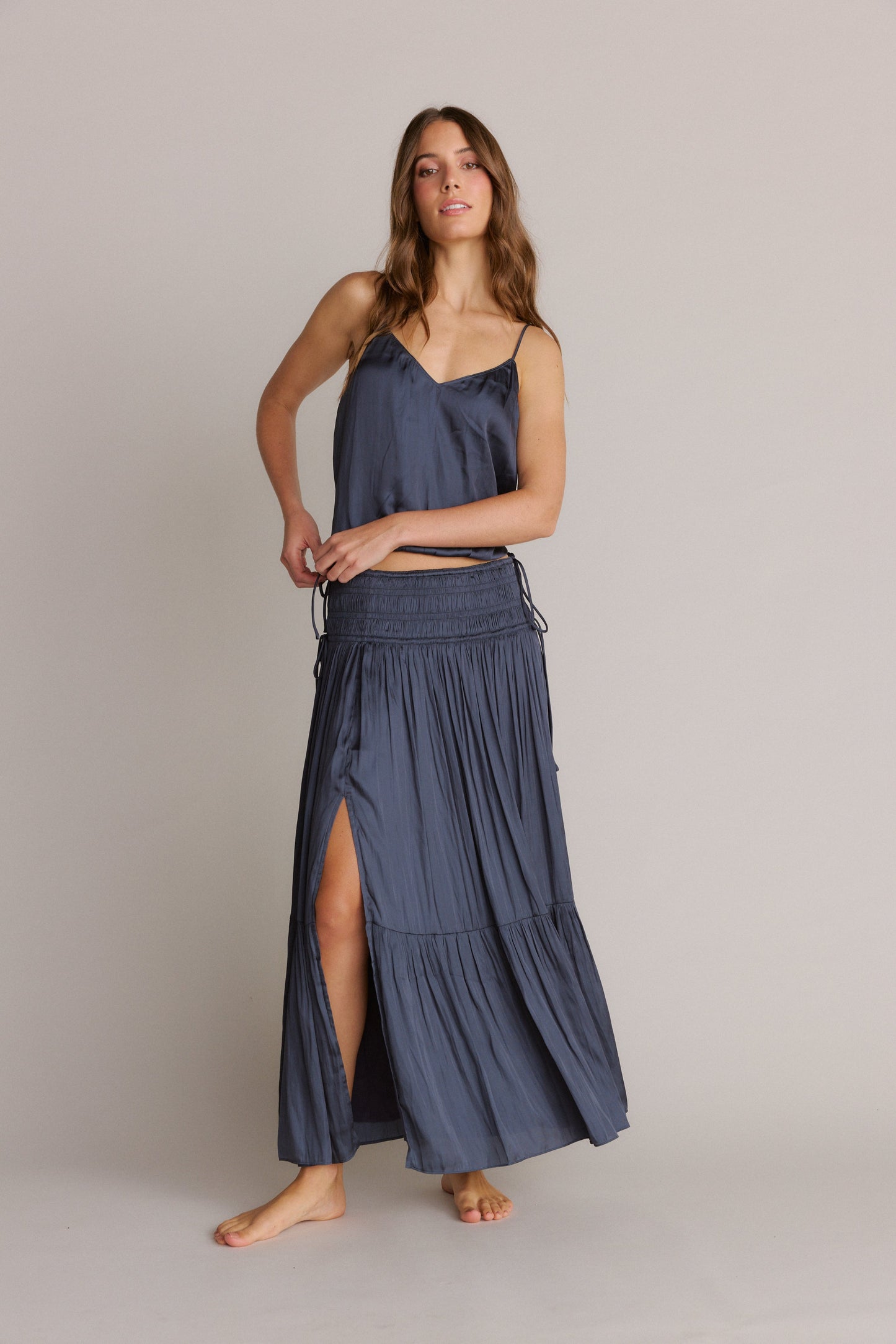 Smocked Waist Silky Maxi Skirt Navy Blue