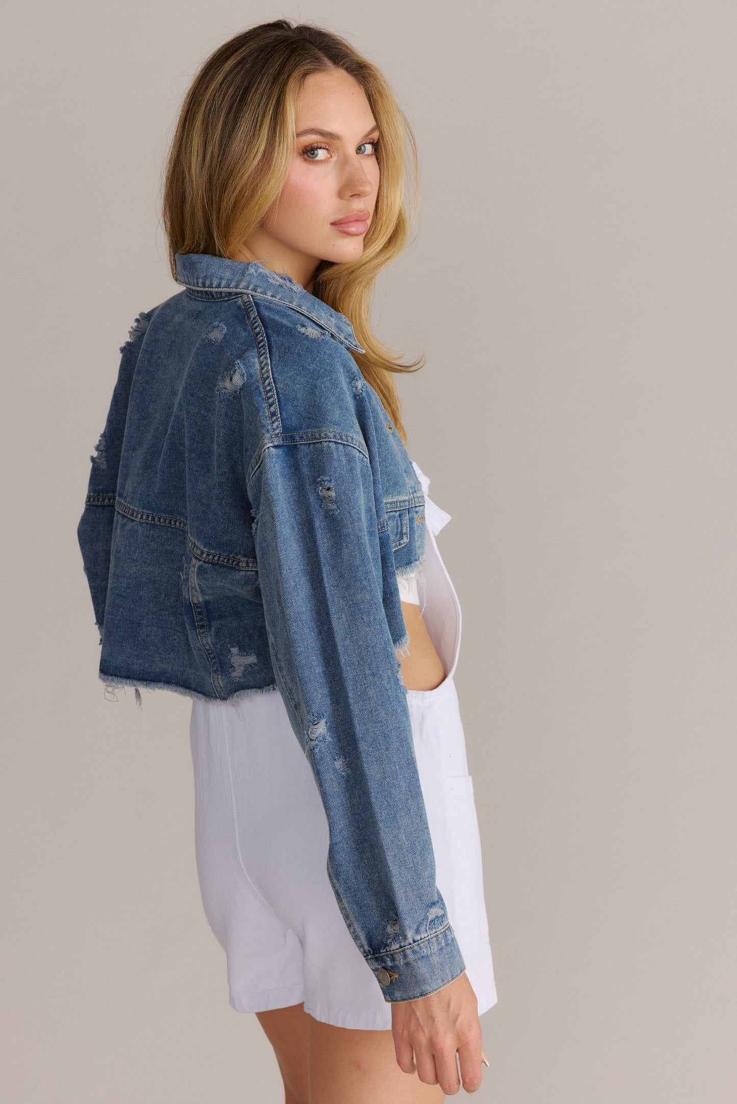 Cropped Raw-Edge Denim Jacket