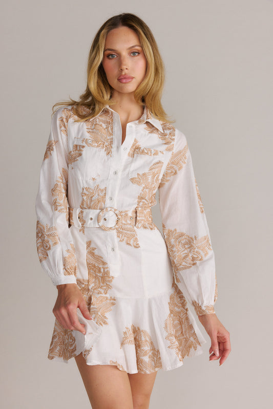 Embroidered Mini Belted Shirtdress