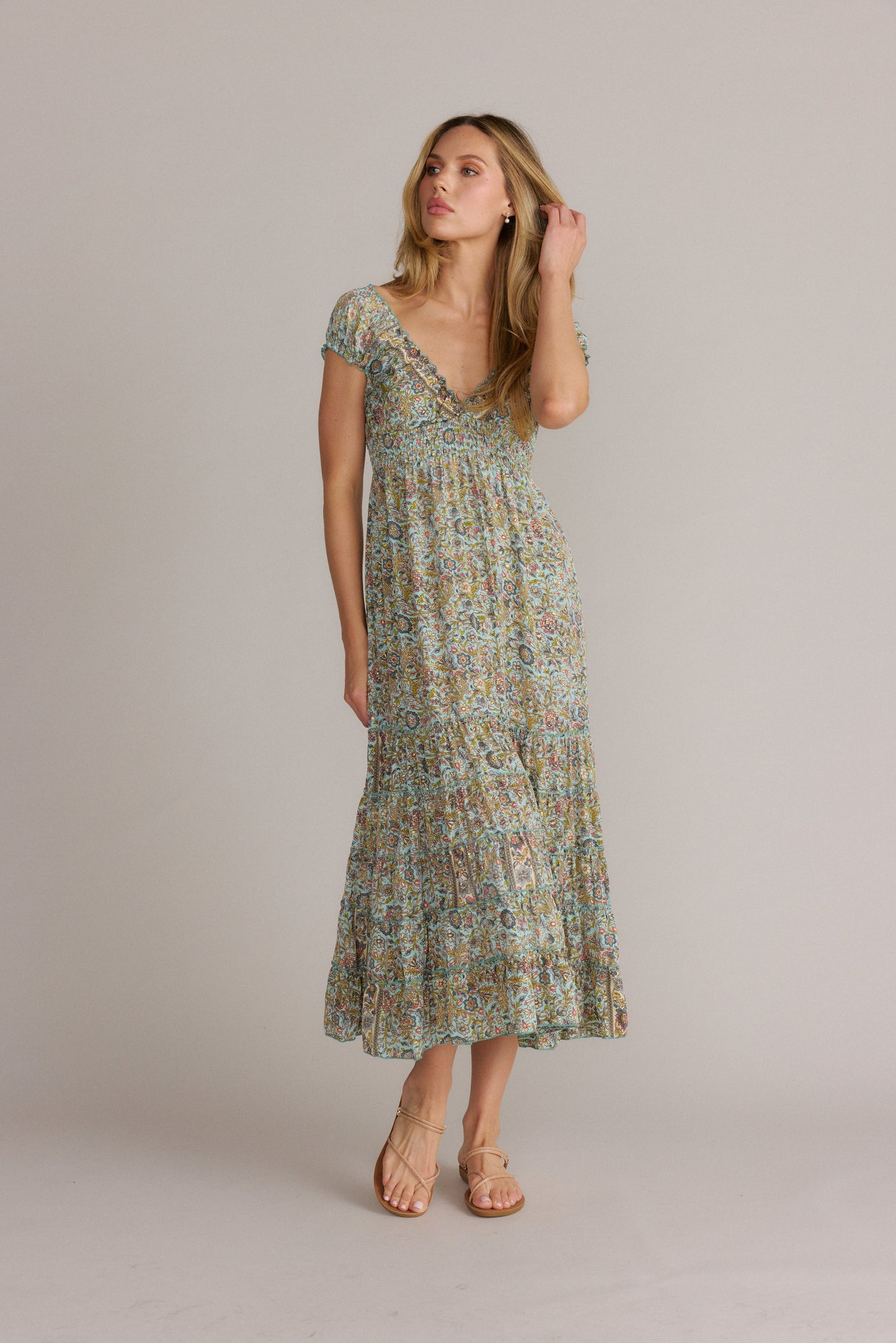 Turquoise Paisley Printed Smocked Waist Maxi Dress