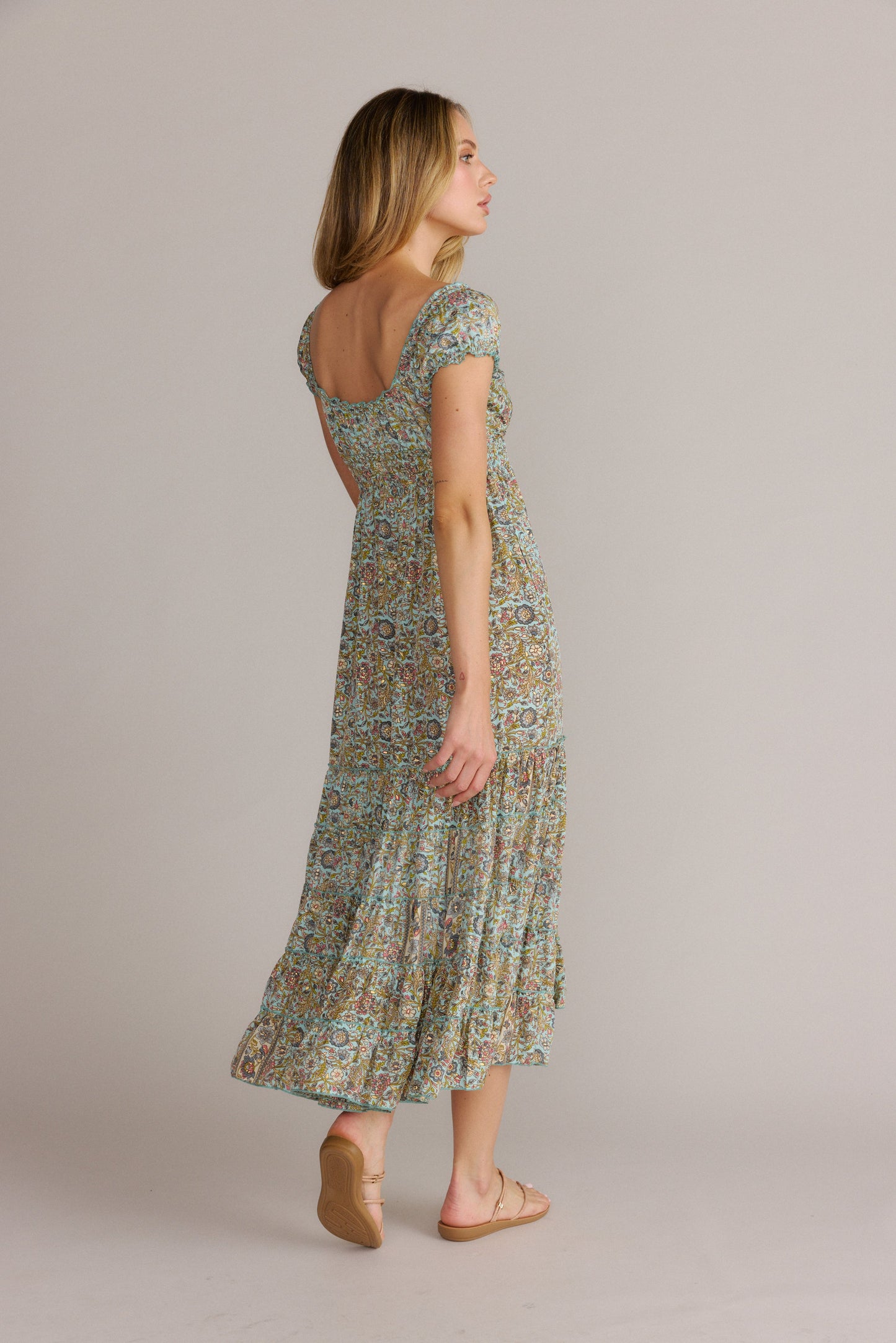 Turquoise Paisley Printed Smocked Waist Maxi Dress