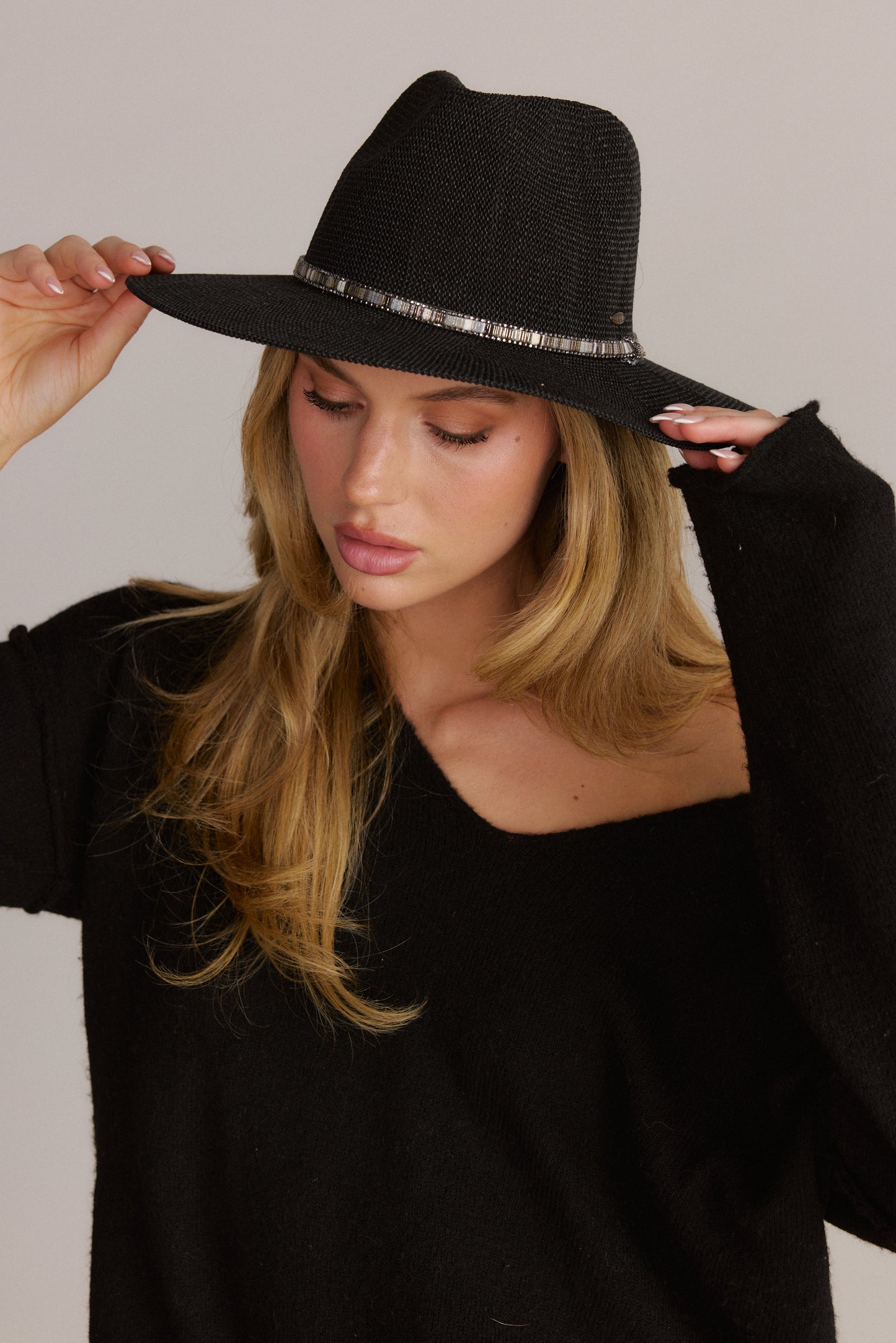 Woven Panama Hat with Rhinestone Detail Black