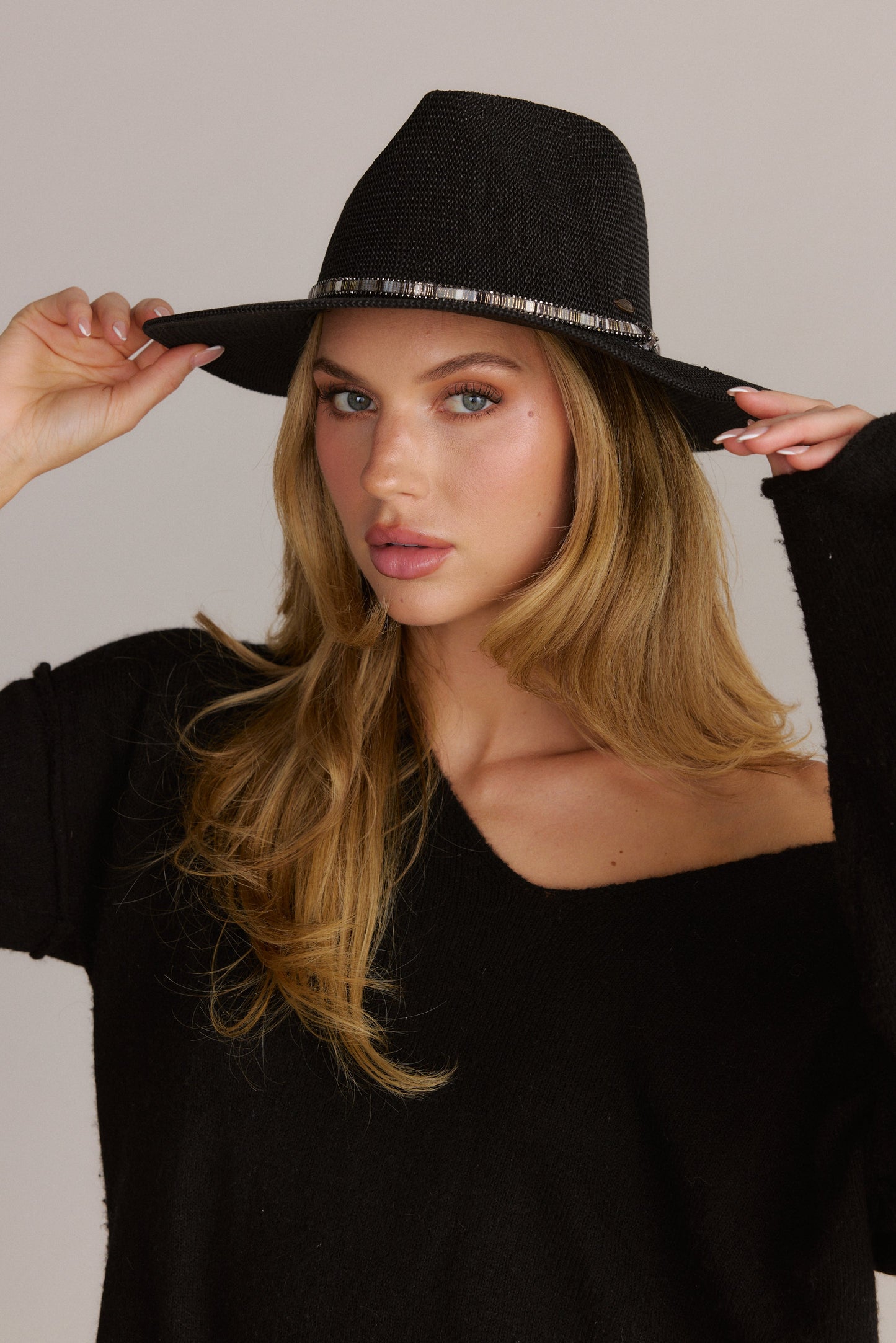 Woven Panama Hat with Rhinestone Detail Black