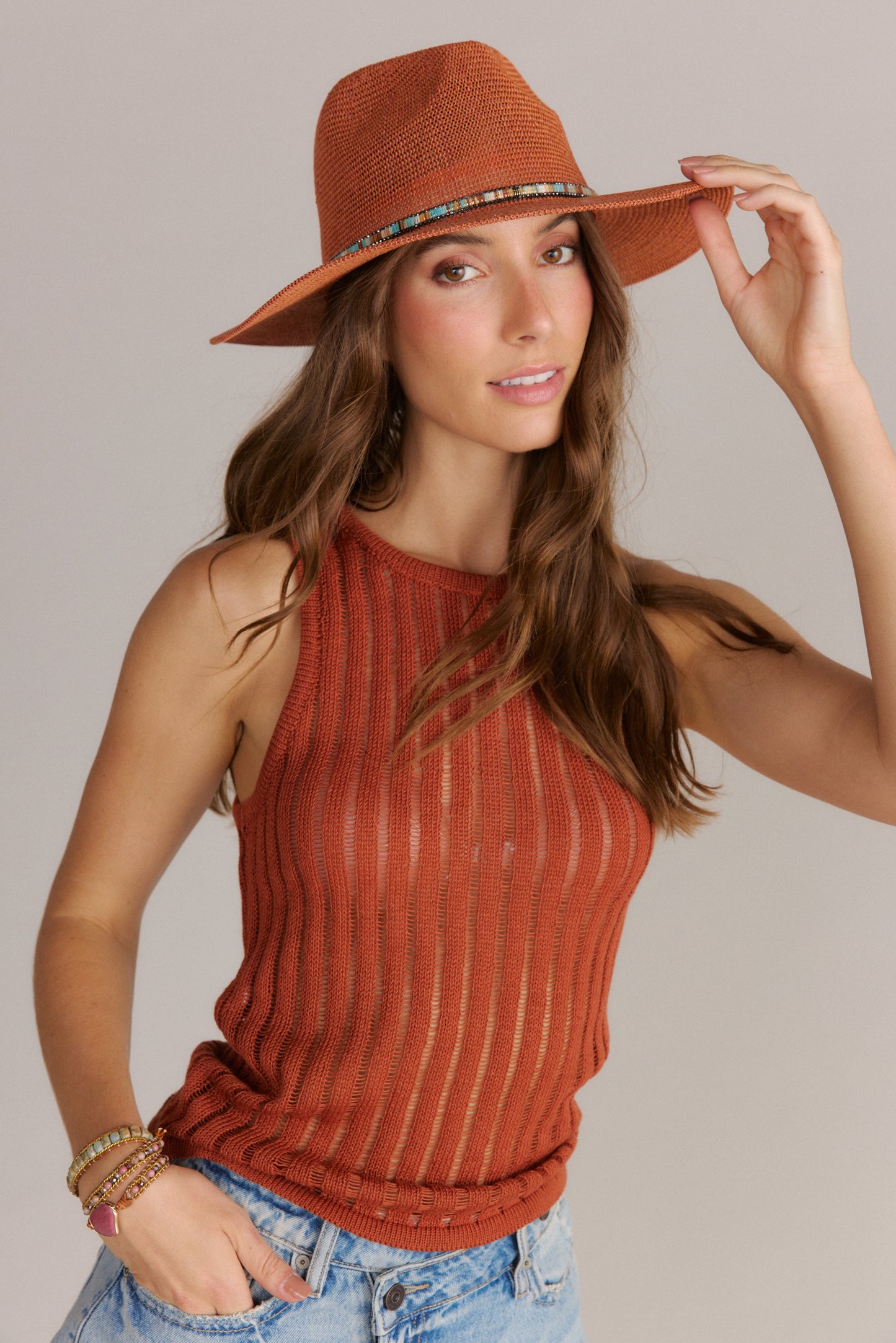 Woven Panama Hat With Rhinestones Detail Clay