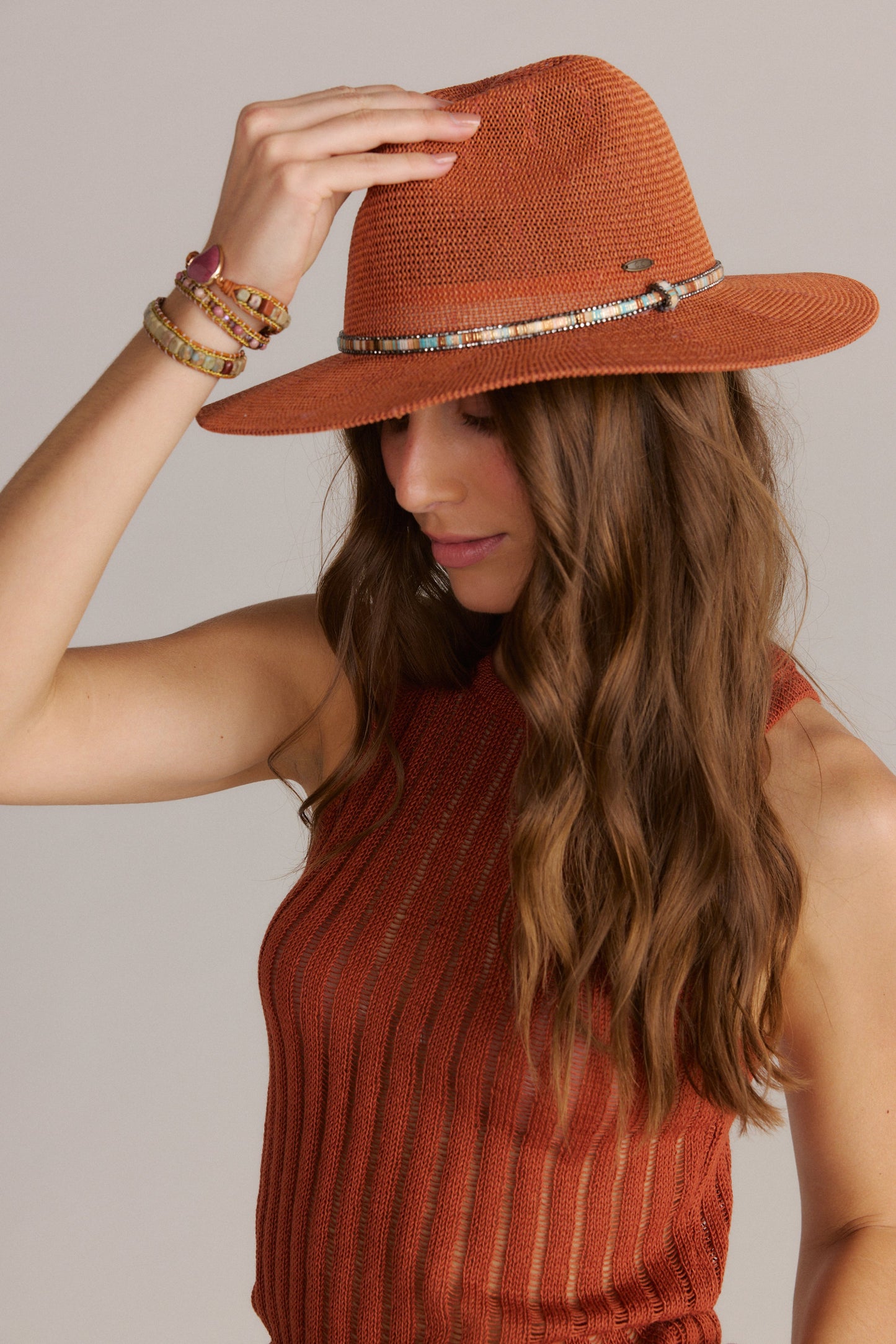 Woven Panama Hat With Rhinestones Detail Clay