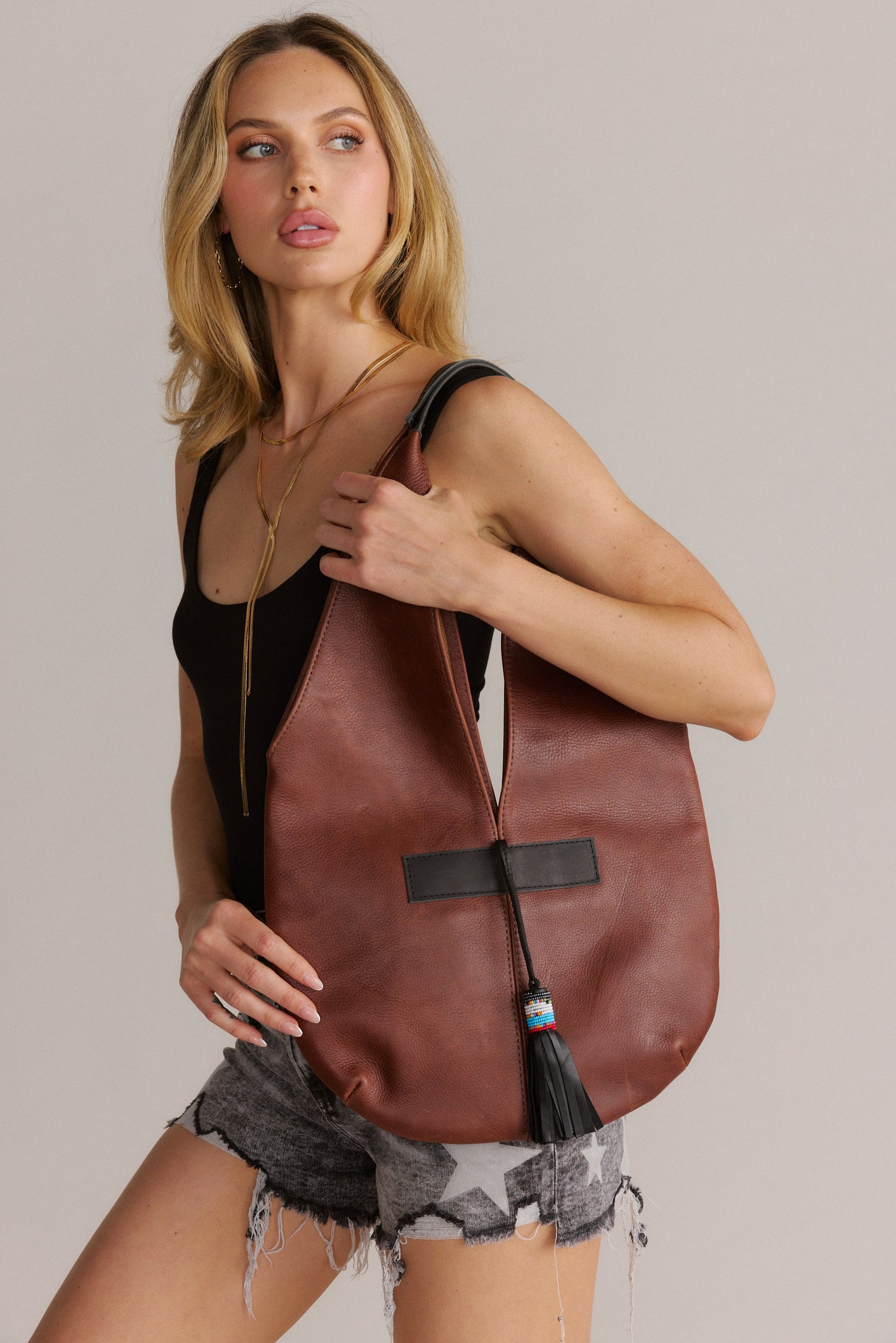 Real Leather Long Tote Shoulder Bag Brown