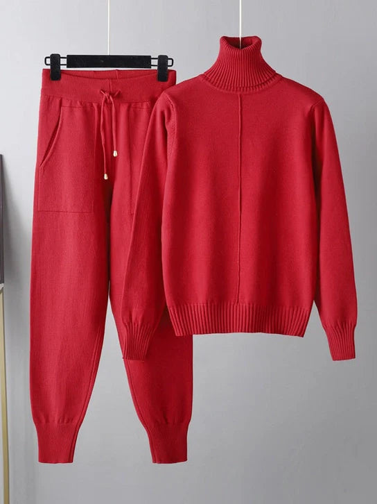 Casual High-Neck Sweater Top & Drawstring Wide Leg Pant Suit Set Red