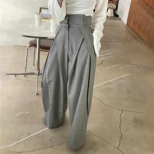 High-Waisted Wide-Leg Trousers in Solid Color Light Grey