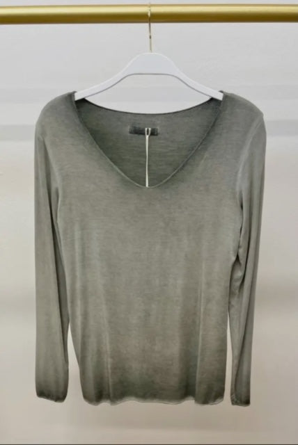 Lightweight Mineral Wash Long-Sleeve V-Neck Top Army Green