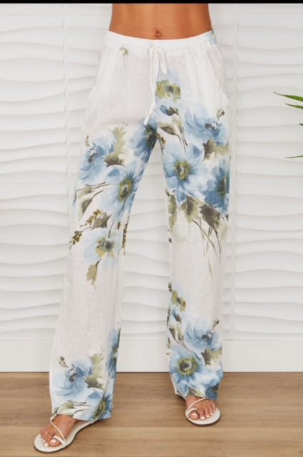 Blue Watercolor Floral linen Pant