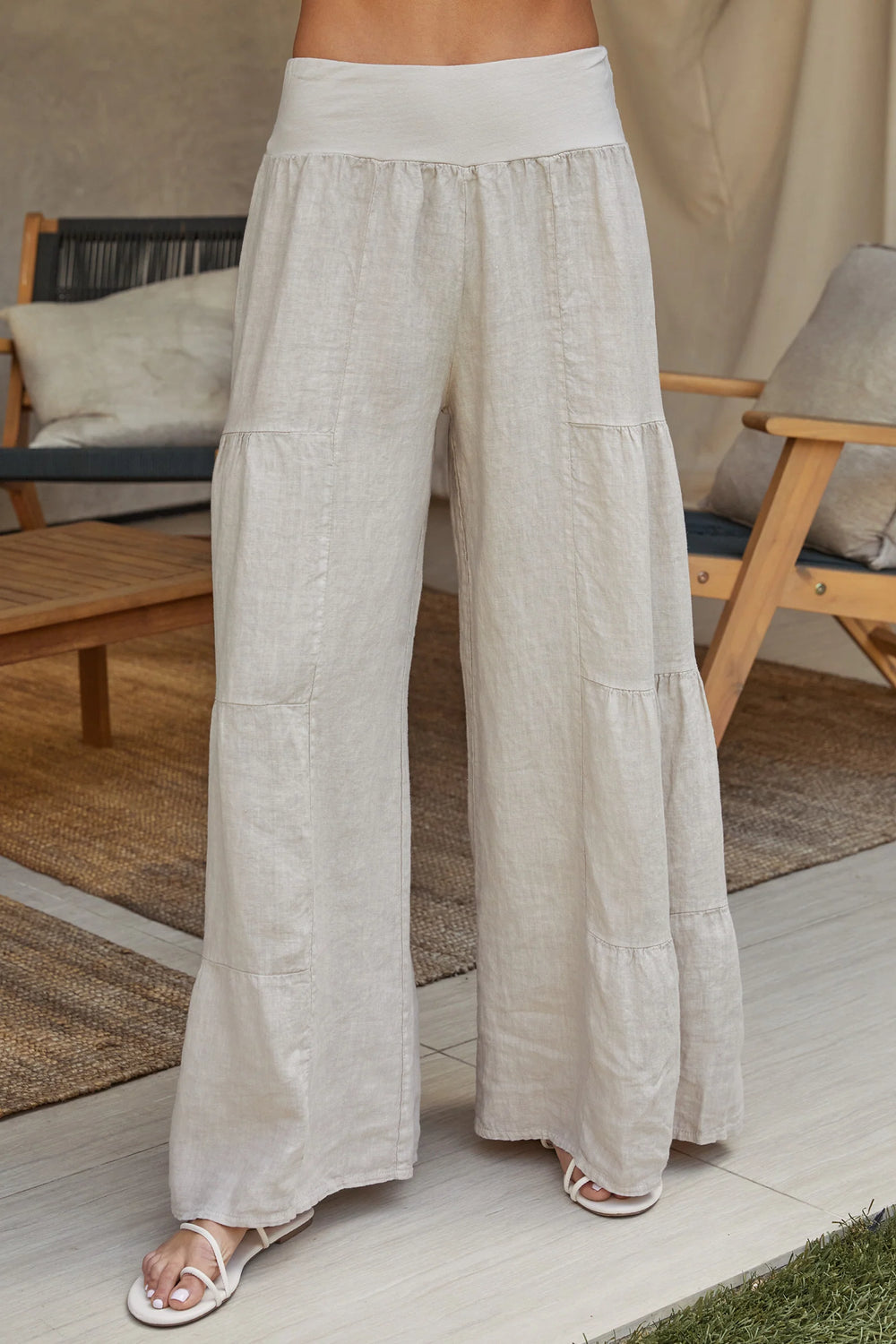 Linen Tiered Palazzo Pants Beige